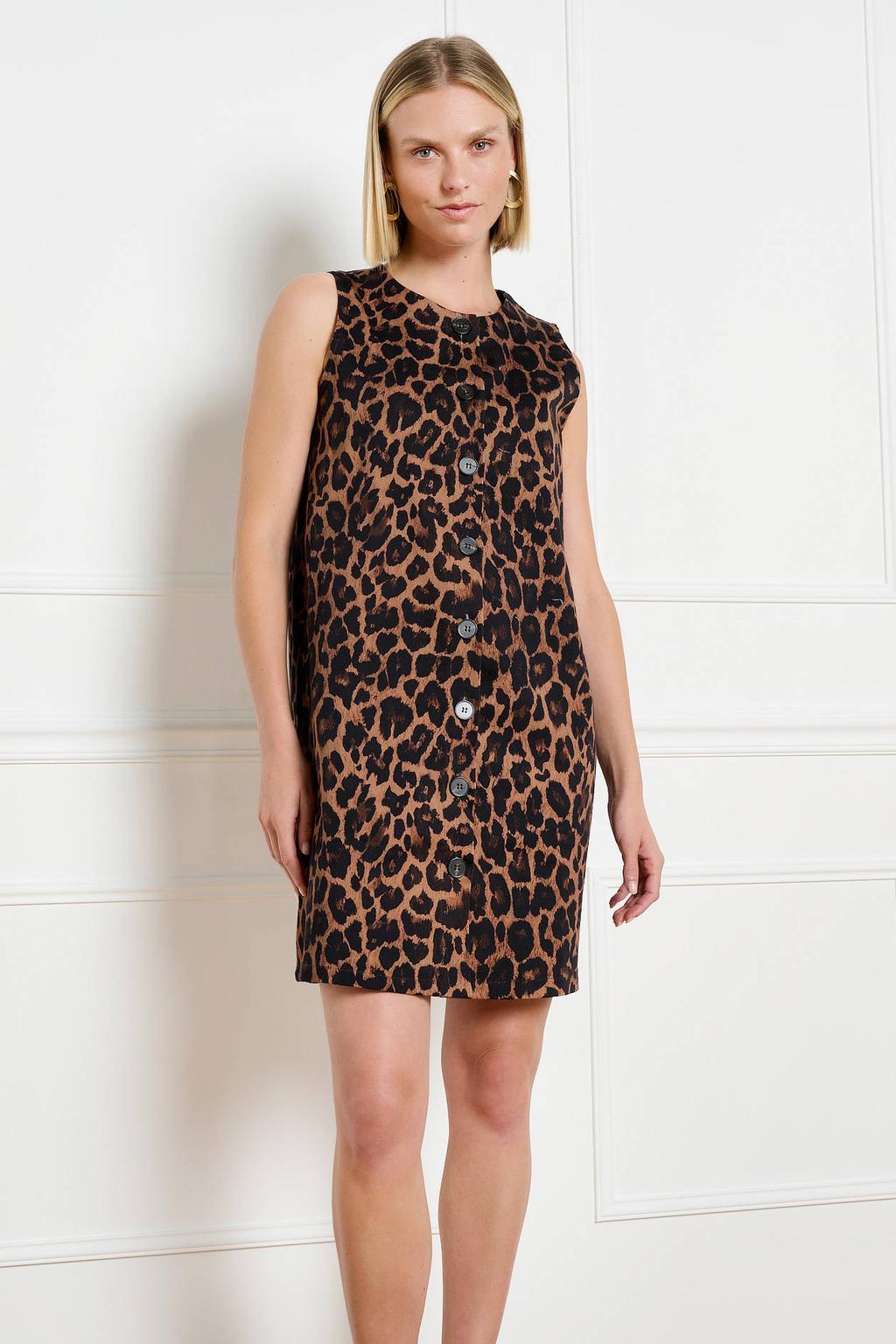 Bruine dames LOLALIZA korte jurk van katoen met dierenprint, ronde hals en knoopsluiting