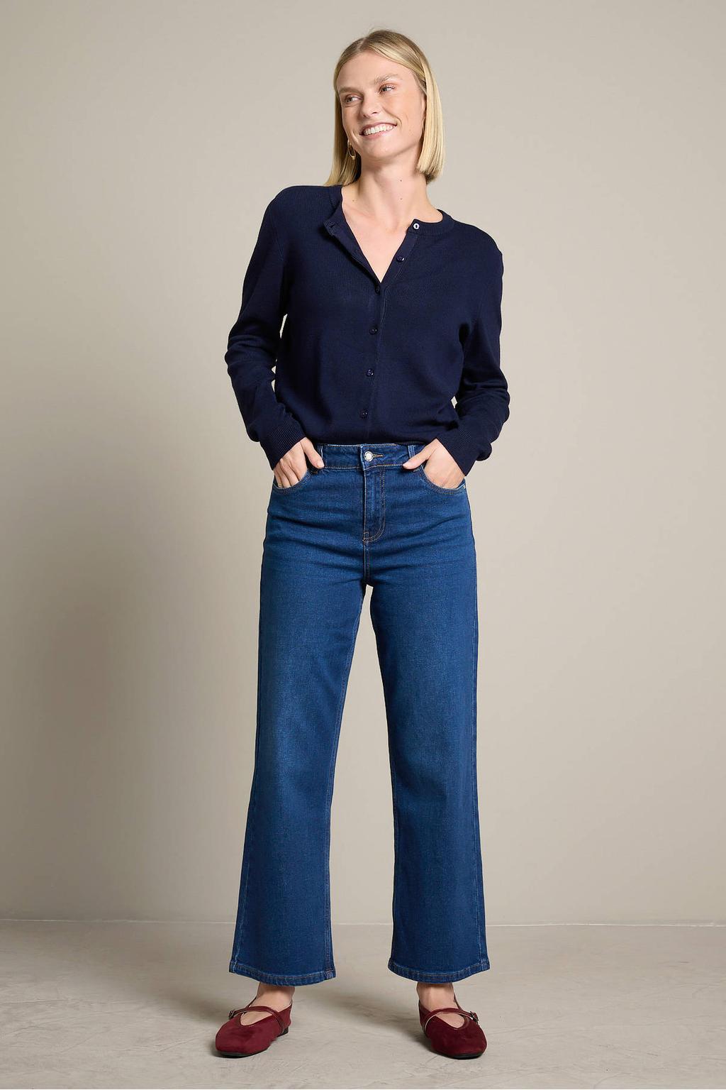 Dark blue denim dames LOLALIZA regular waist wide leg jeans van denim met rits- en knoopsluiting en effen