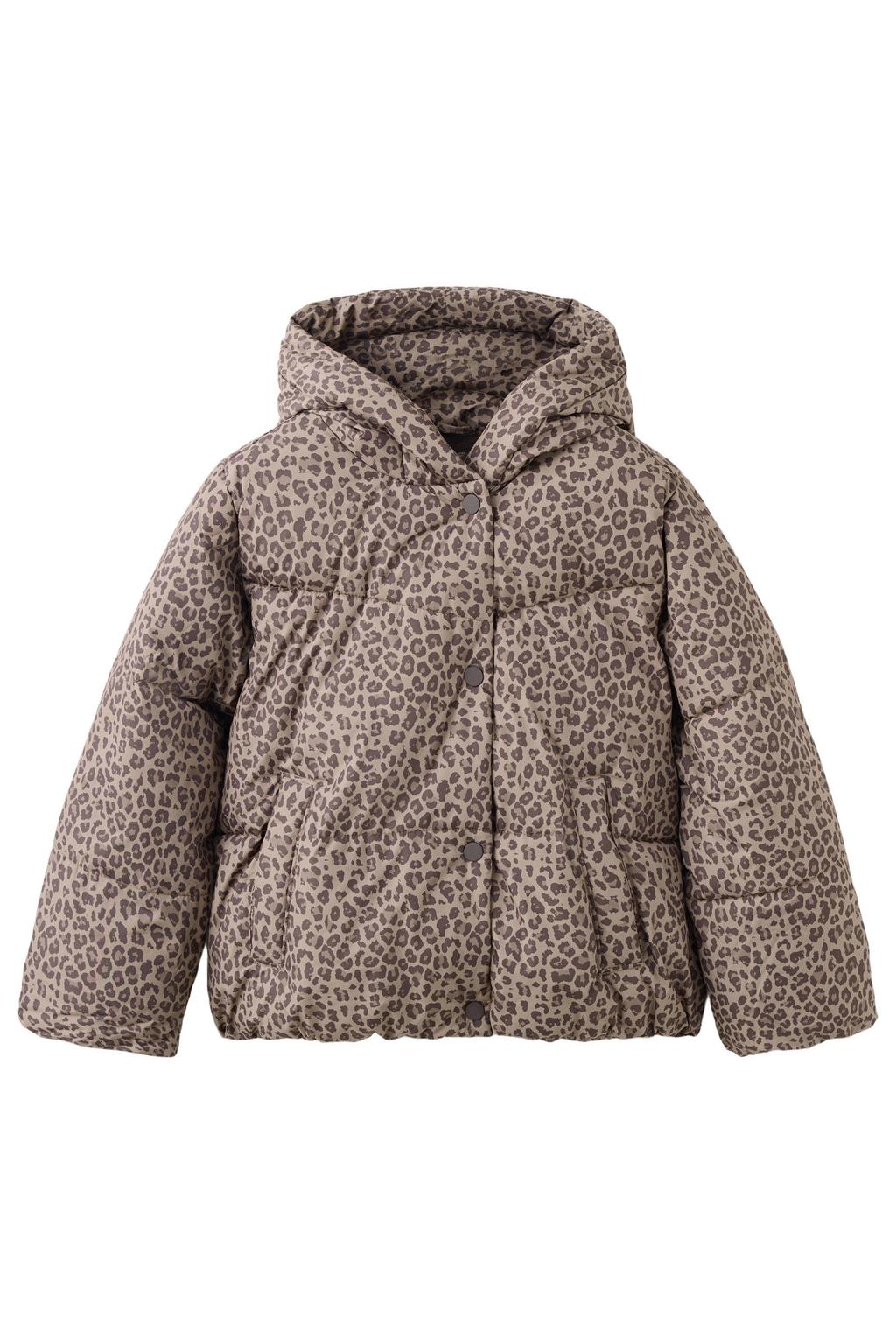 Bruine meisjes Mango Kids gewatteerde winterjas van polyester met dierenprint, lange mouwen, capuchon en rits- en drukknoopsluiting