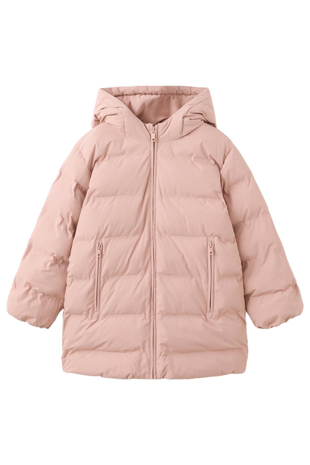 Roze meisjes Mango Kids gewatteerde winterjas van polyester met effen, lange mouwen, capuchon en ritssluiting