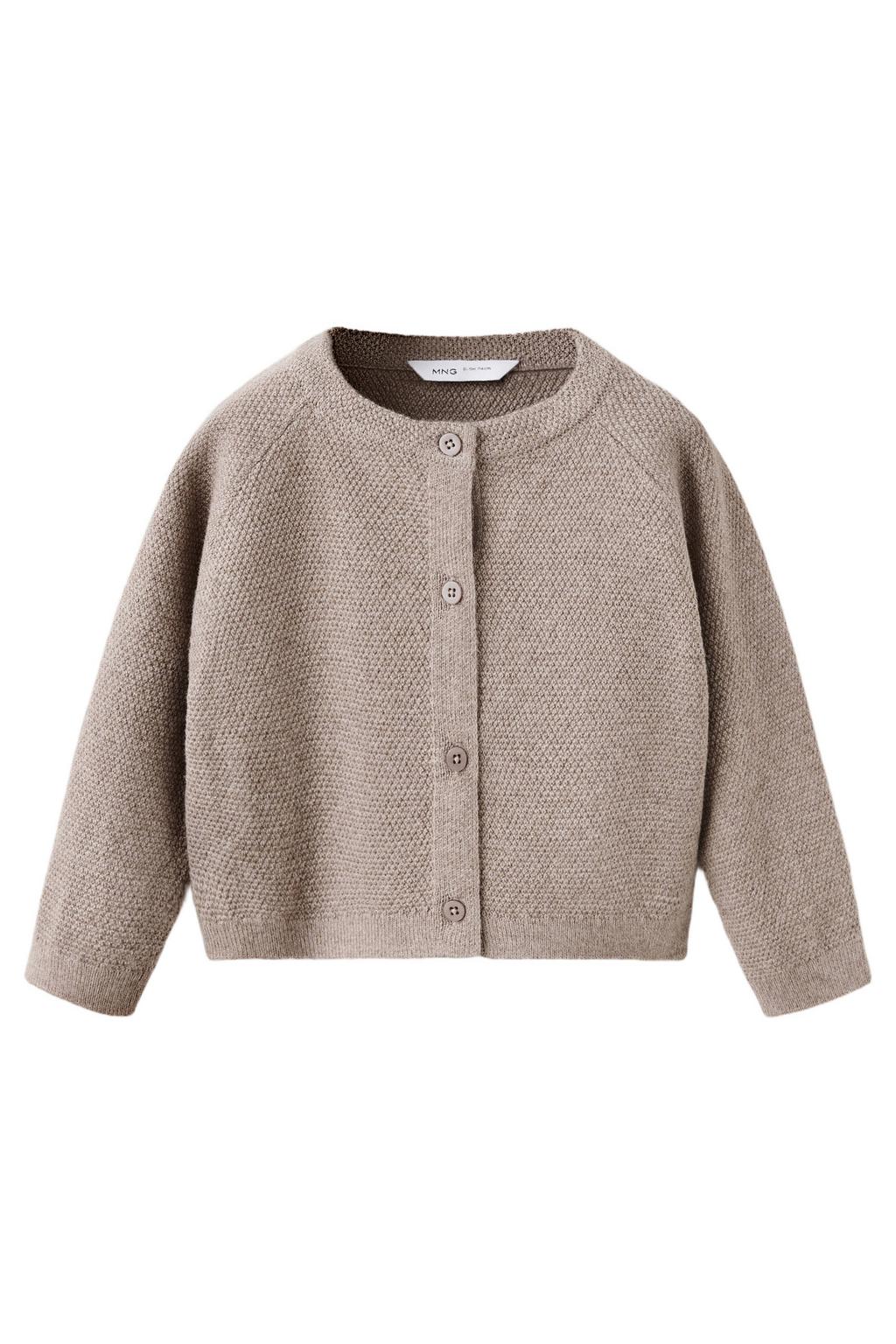 Beige meisjes Mango Kids gebreid vest van katoen met effen, lange mouwen, ronde hals en knoopsluiting