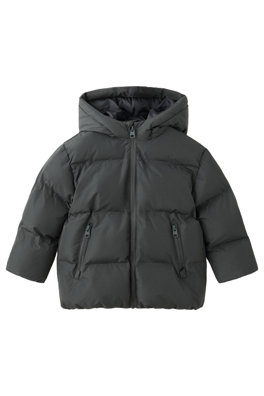 Antraciete jongens Mango Kids gewatteerde winterjas van polyester met effen, lange mouwen, capuchon en ritssluiting