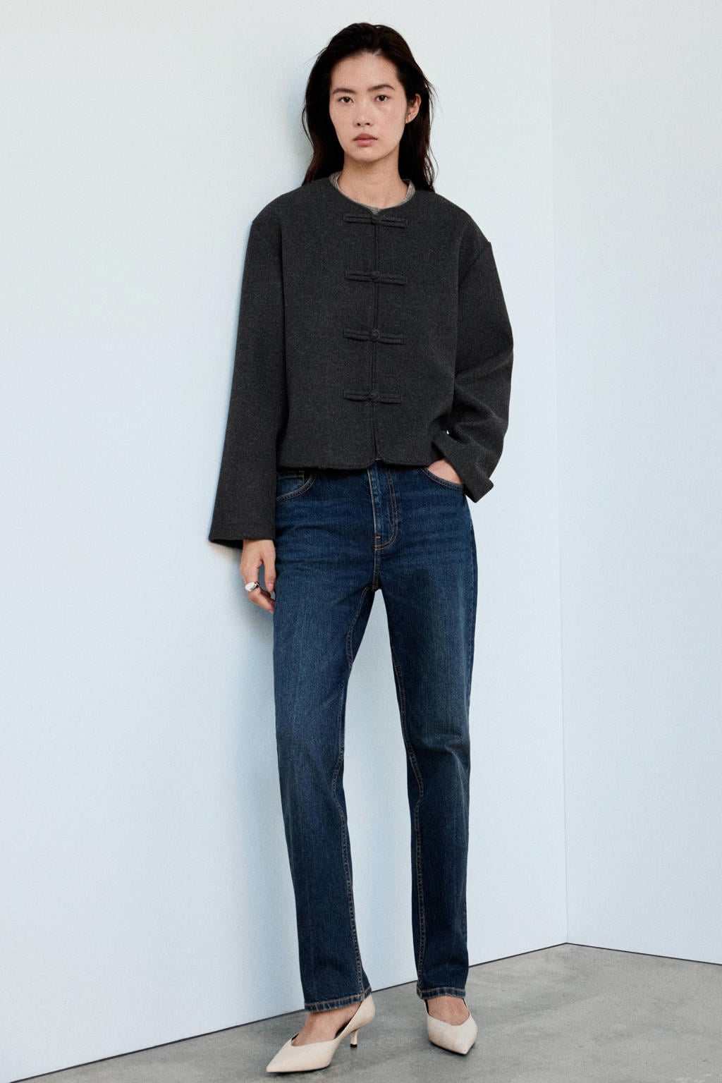 Antraciete dames Mango jas van polyester met effen en lange mouwen