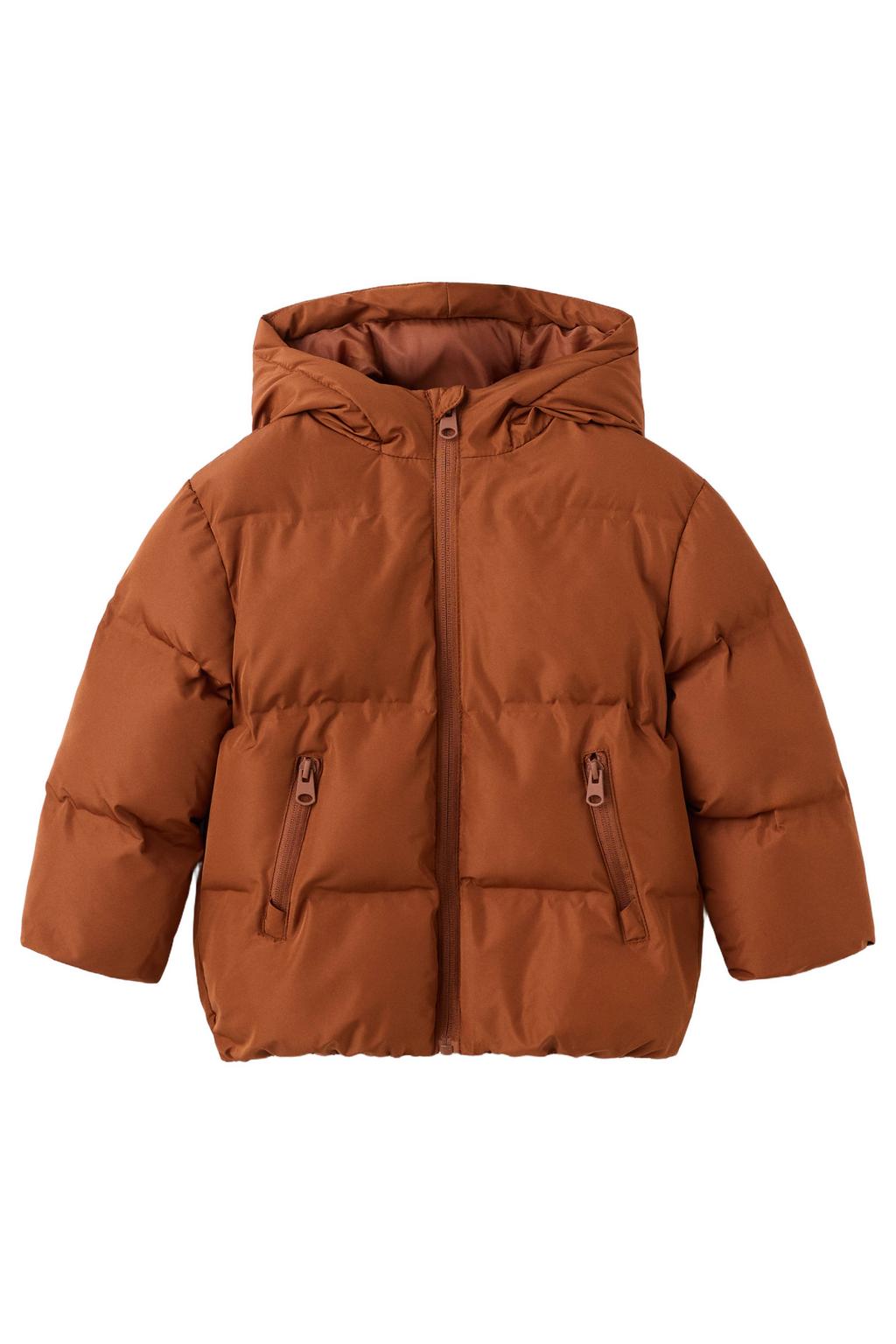 Koperkleurige jongens Mango Kids gewatteerde winterjas van polyester met effen, lange mouwen, capuchon en ritssluiting