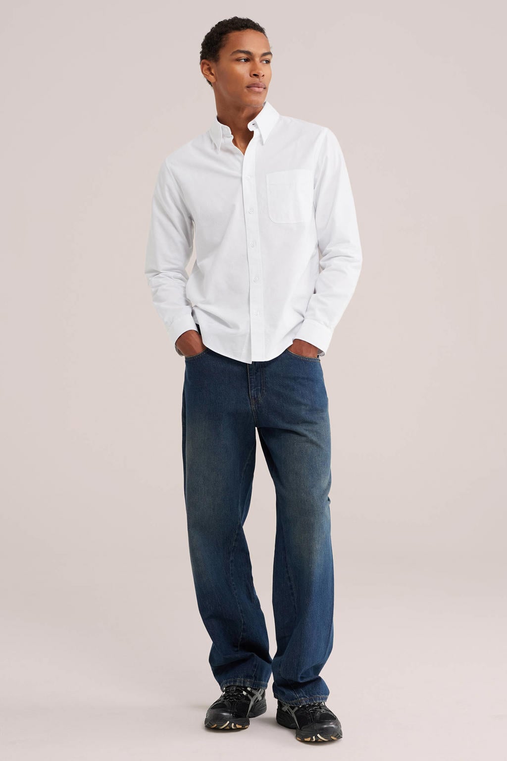 Witte heren WE Fashion regular fit oxford overhemd van katoen met effen, lange mouwen en klassieke kraag