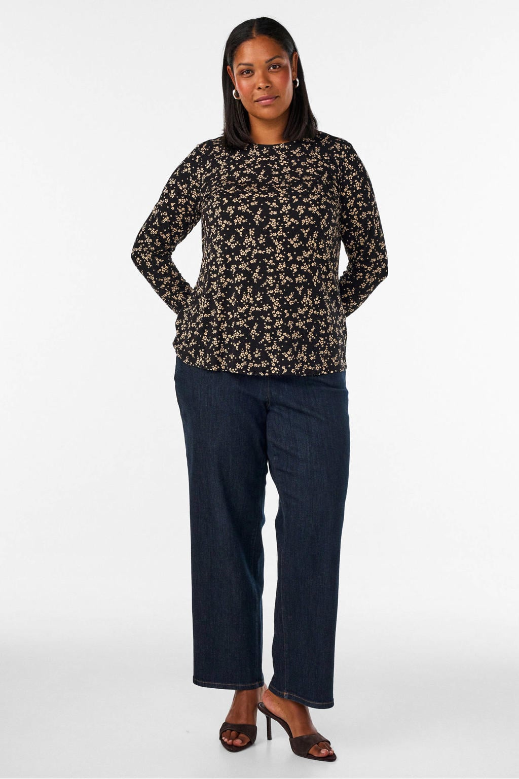 Zwarte dames Zizzi gebloemde top Plus Size van viscose met lange mouwen