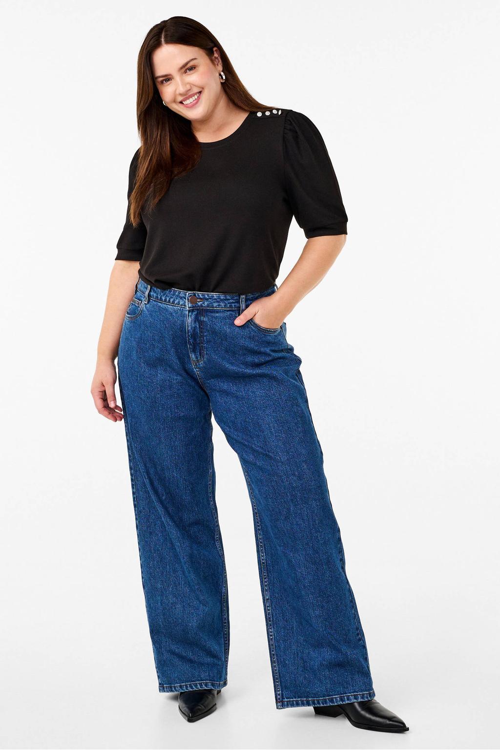 Zwarte dames Zizzi top Plus Size van polyester met effen en korte mouwen