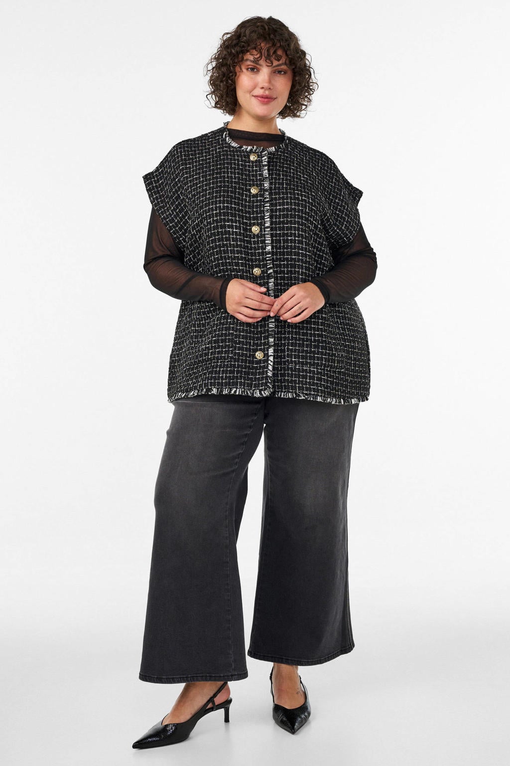 Zizzi Plus Size tweed geruite gilet met rafels - zwart/wit