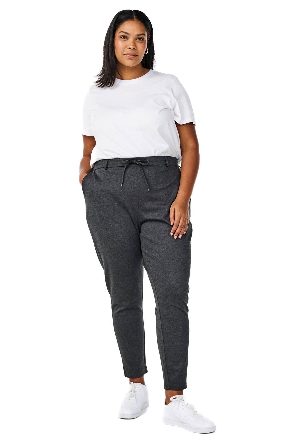 Grijze dames Zizzi high waist regular fit casual broek Plus Size van viscose met elastische tailleband met koord en effen