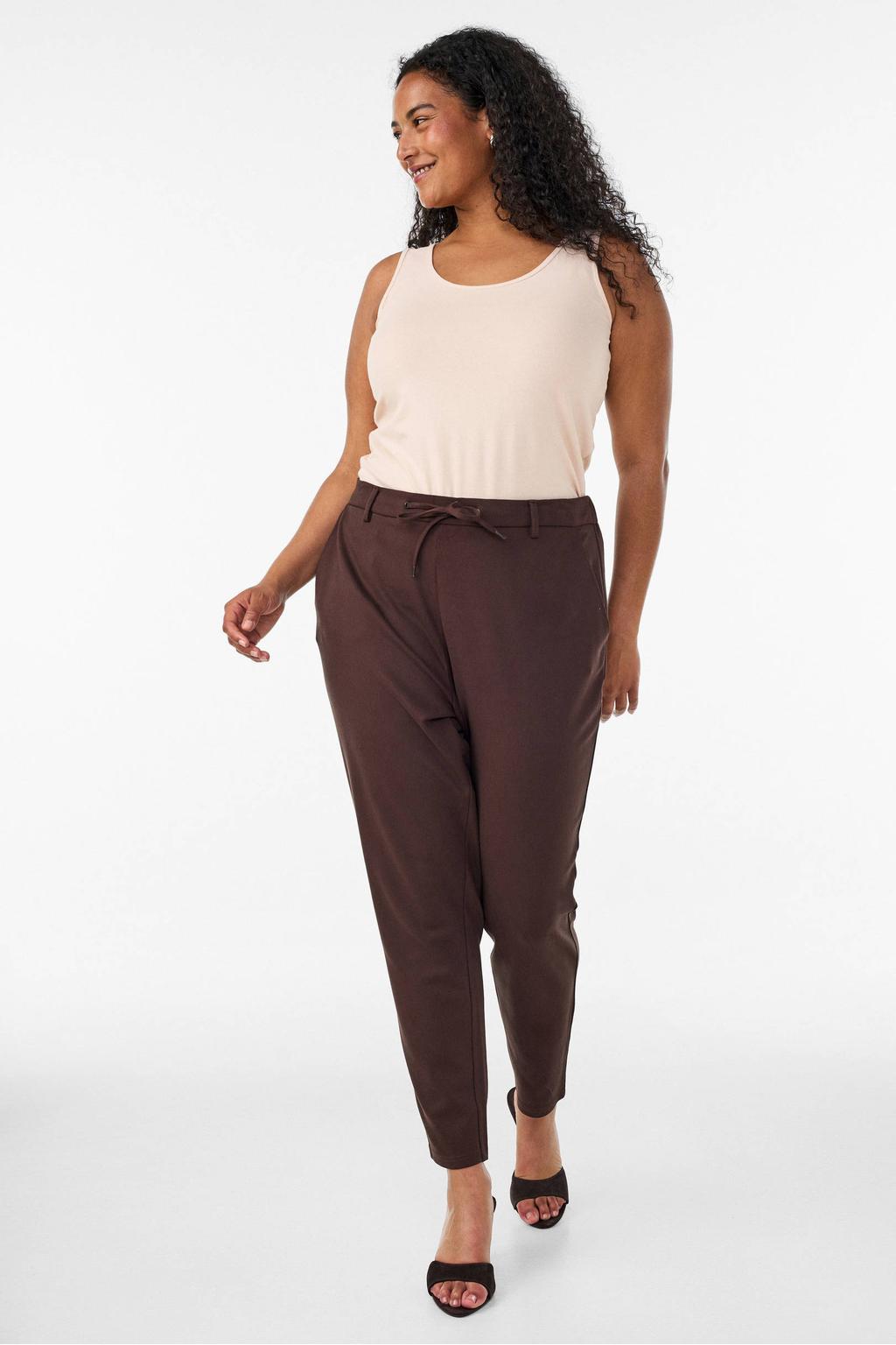 Donkerblauwe dames Zizzi regular fit casual broek Plus Size van viscose met high waist, elastische tailleband met koord en effen