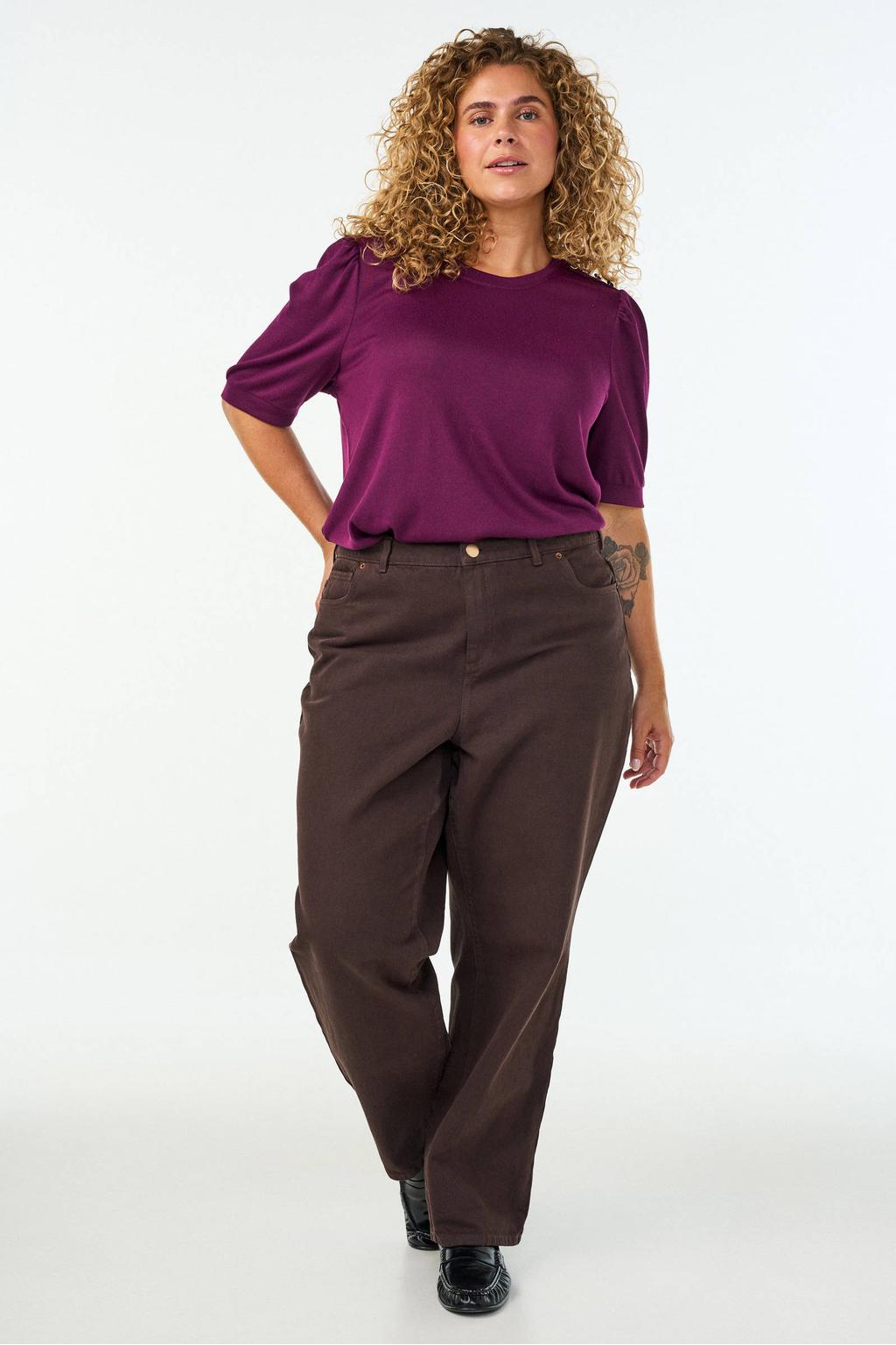 Donkerpaarse dames Zizzi top Plus Size van polyester met effen en korte mouwen