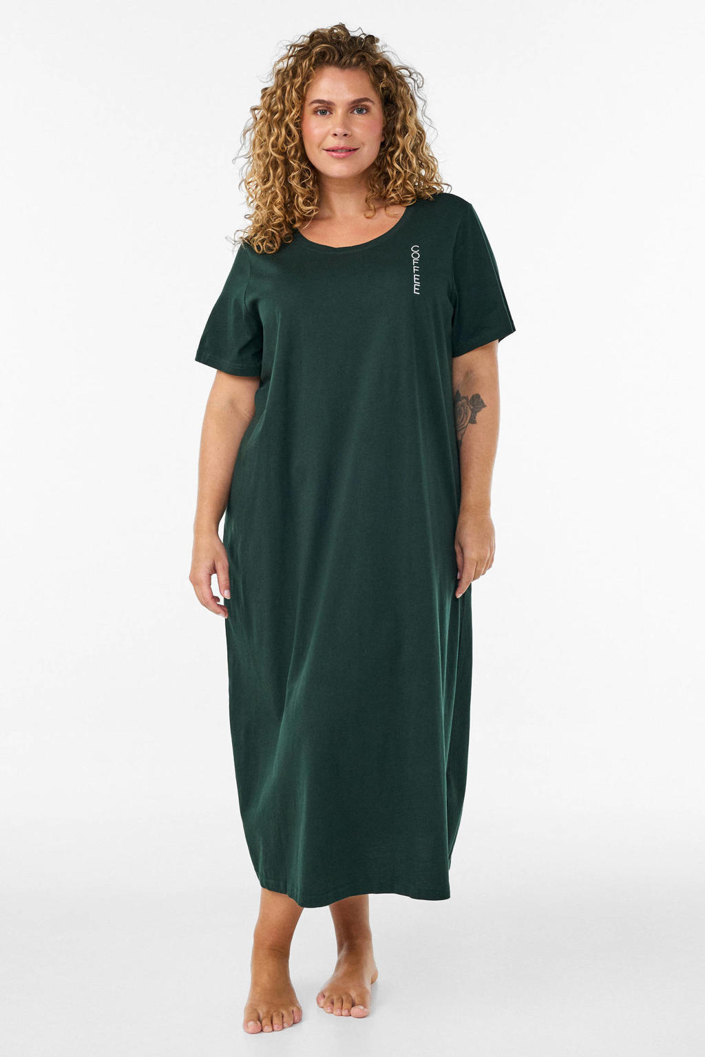 Donkergroene dames Zizzi nachthemd Plus Size van katoen met printopdruk en korte mouwen