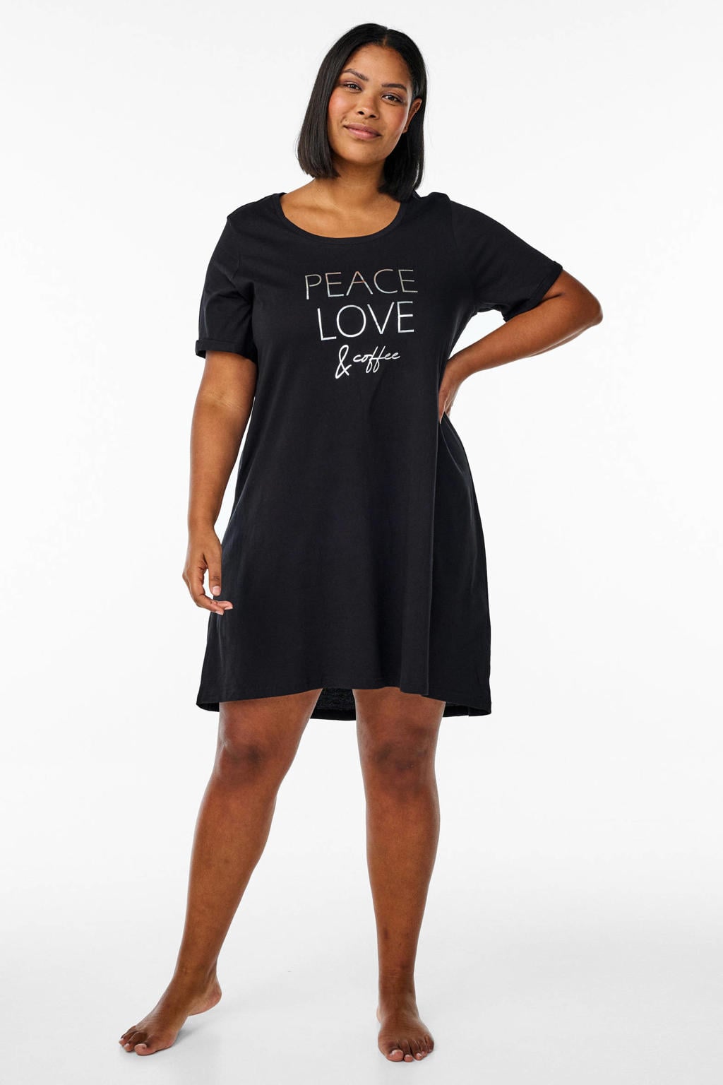 Zwarte dames Zizzi nachthemd Plus Size van katoen met printopdruk en korte mouwen