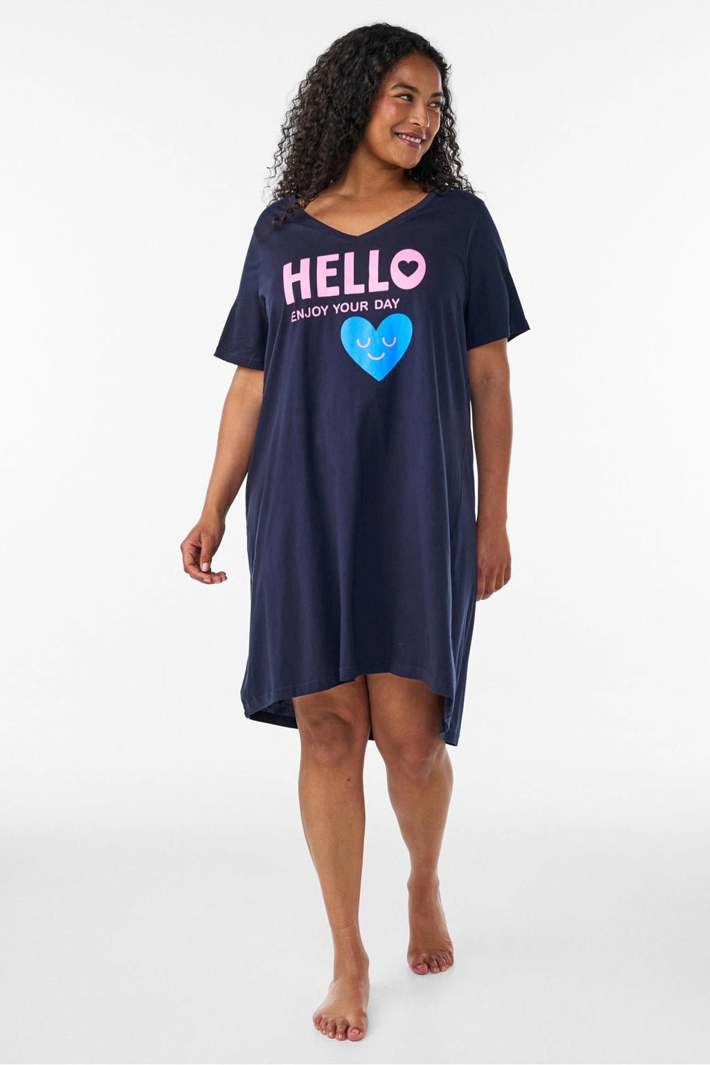 Donkerblauwe dames Zizzi Plus Size nachthemd van katoen met printopdruk en korte mouwen