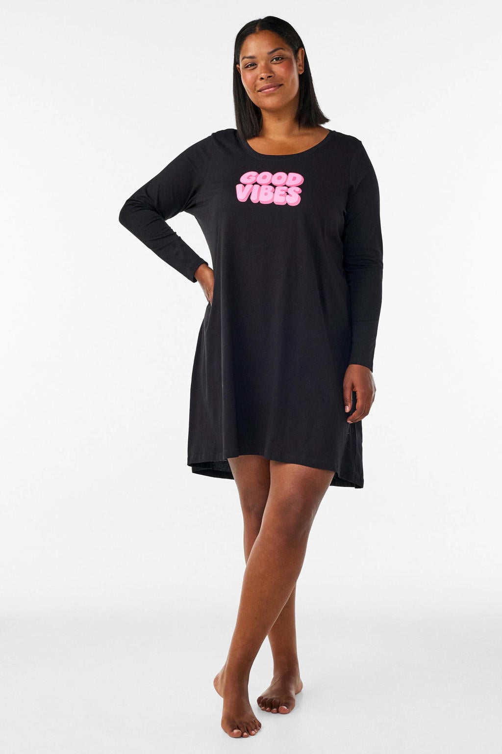 Zwarte dames Zizzi nachthemd Plus Size van katoen met lange mouwen