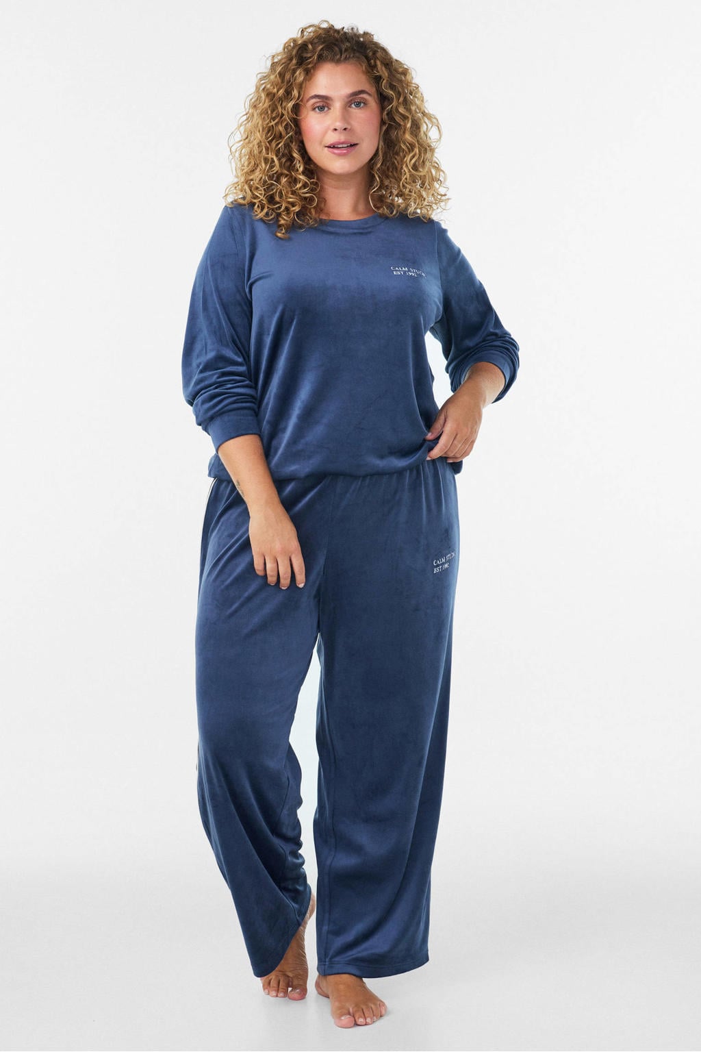 Donkerblauwe dames Zizzi Plus Size fluwelen loungetop met lange mouwen