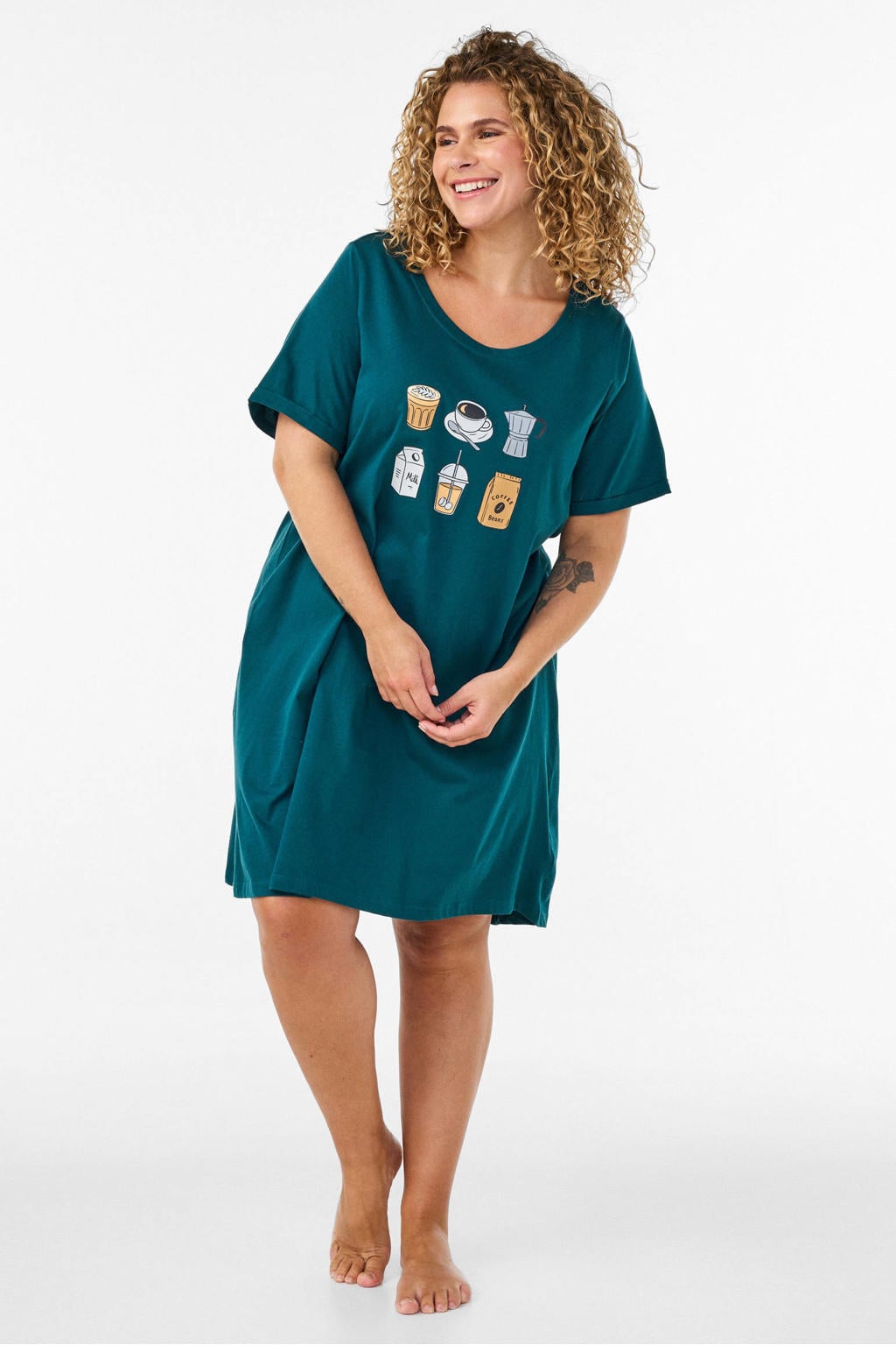 Petrolkleurige dames Zizzi nachthemd Plus Size van katoen met printopdruk en korte mouwen