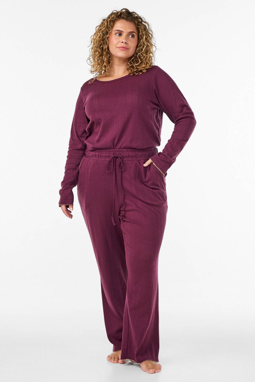 Donkerpaarse dames Zizzi pyjamabroek Plus Size van katoen met elastische tailleband met koord en effen