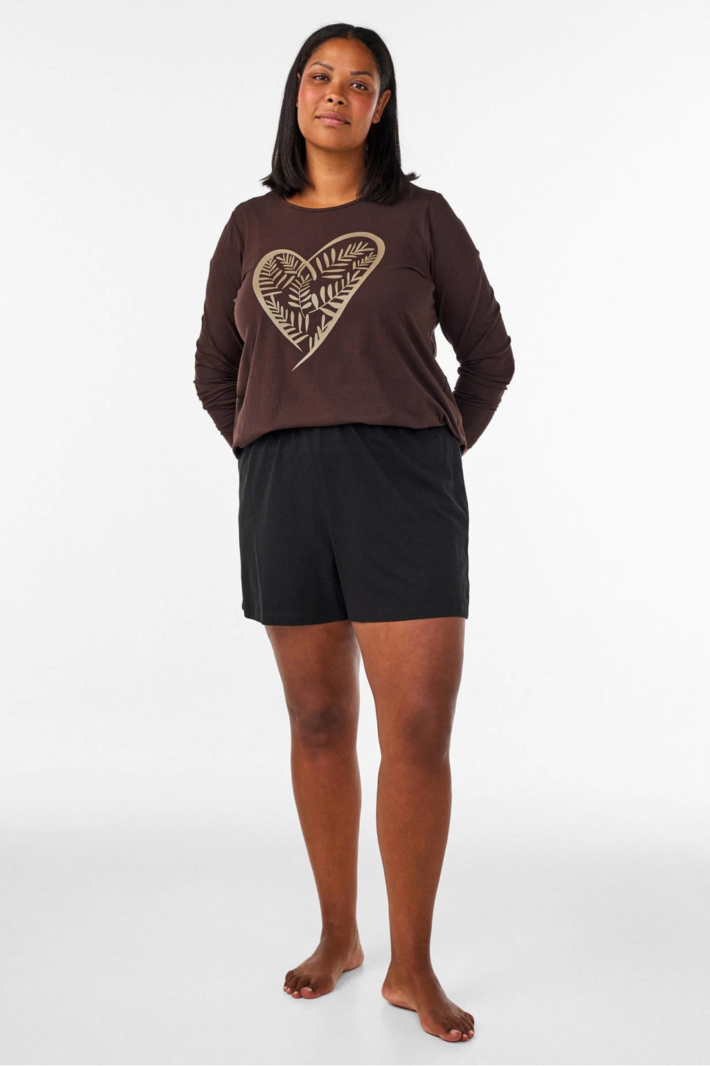Bruine dames Zizzi pyjamatop Plus Size van katoen met printopdruk en lange mouwen