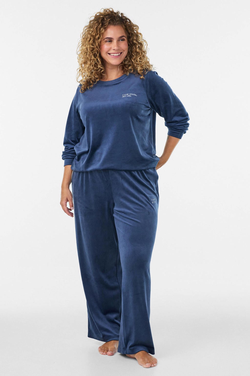 Donkerblauwe dames Zizzi Plus Size fluwelen loungebroek