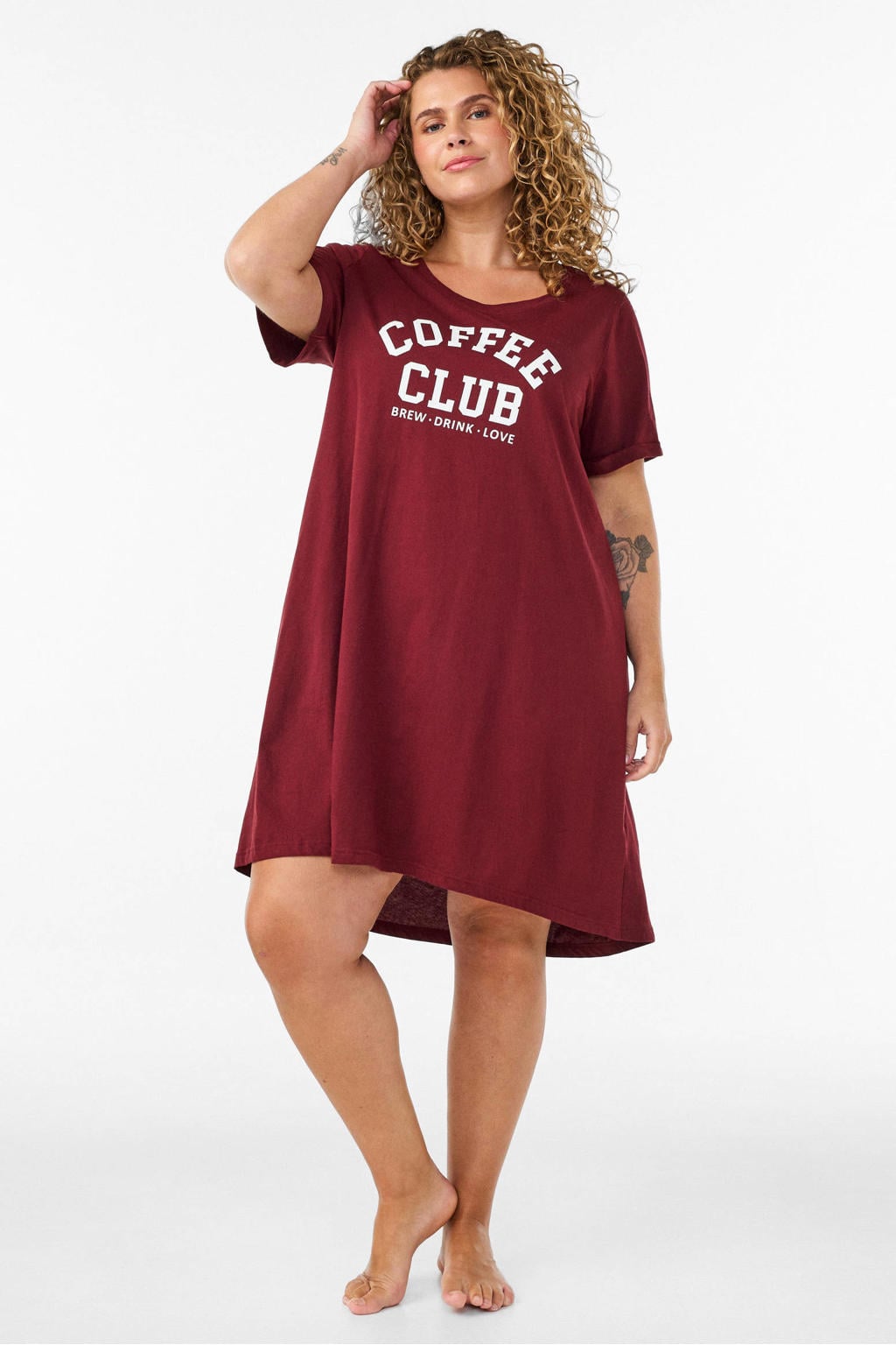 Donkerrode dames Zizzi nachthemd Plus Size van katoen met printopdruk en korte mouwen
