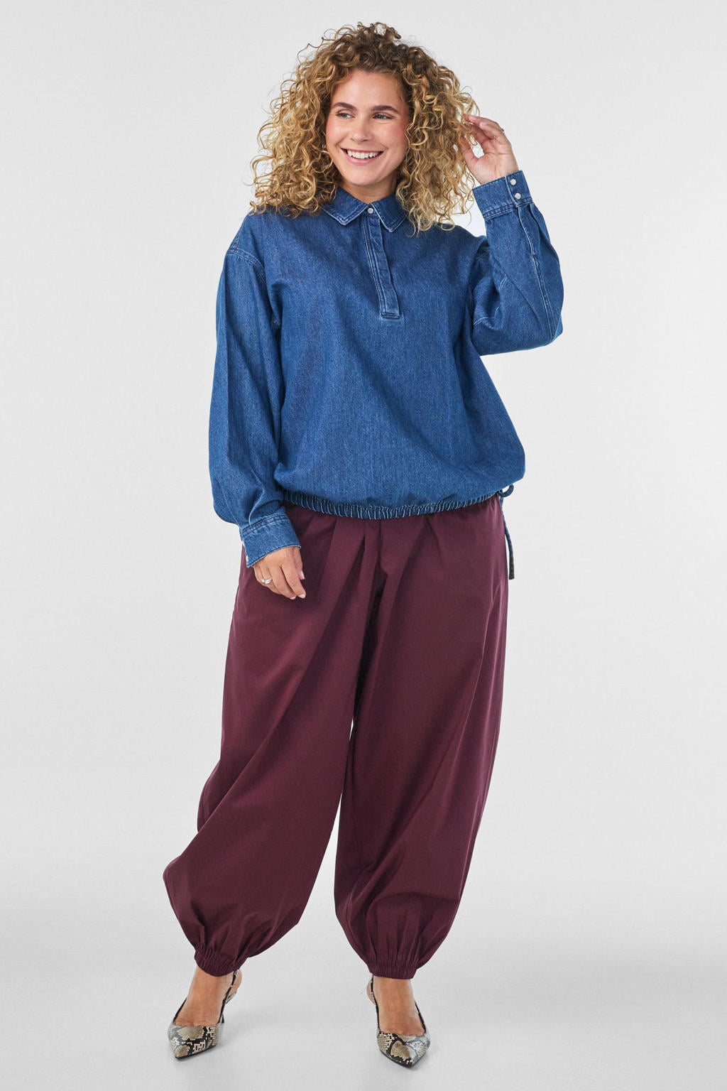 Donkerrode dames Zizzi high waist ballon broek Plus Size van katoen met elastische tailleband en effen