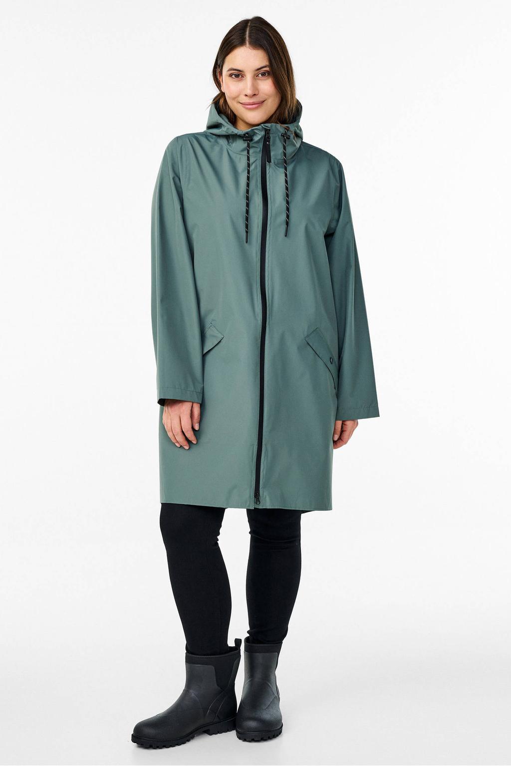 Groene dames Zizzi regenjas van polyester met effen, lange mouwen, capuchon en ritssluiting