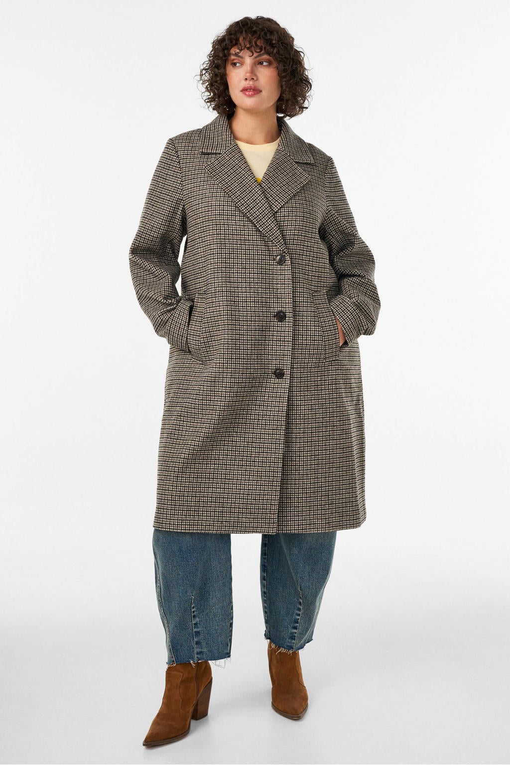 Zizzi Plus Size geruite mantel met wol - bruin
