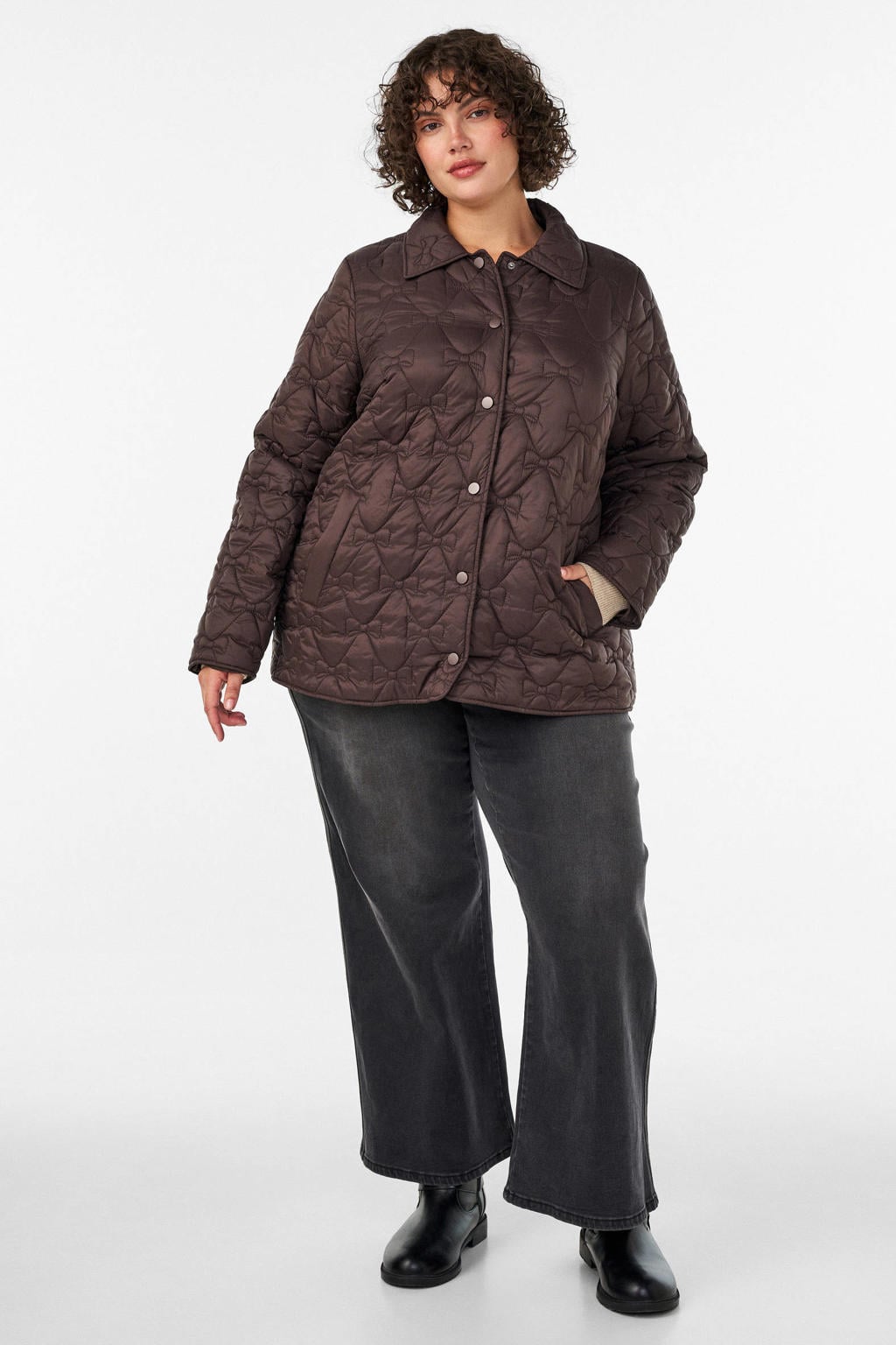 Bruine dames Zizzi Plus Size gewatteerde jas van polyester met lange mouwen