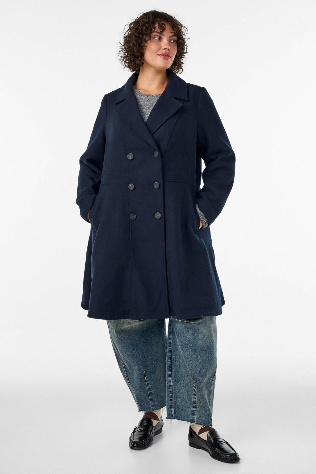 Zizzi Plus Size wintermantel met wol - donkerblauw