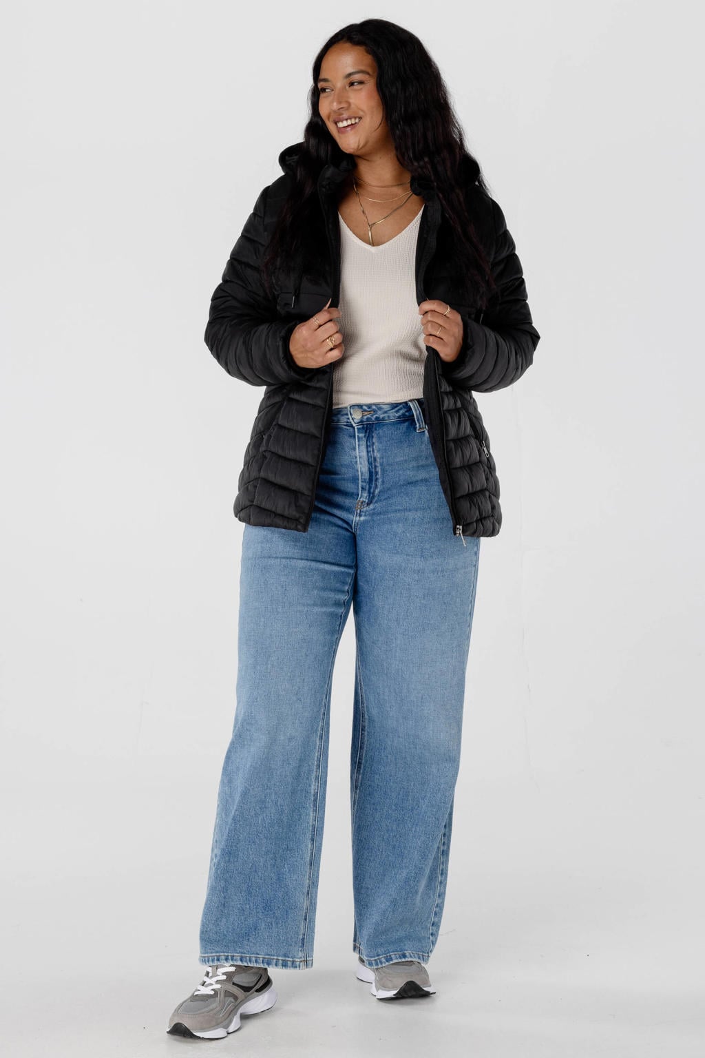 Zwarte dames MS Mode gewatteerde tussenjas Plus Size met effen, lange mouwen en capuchon