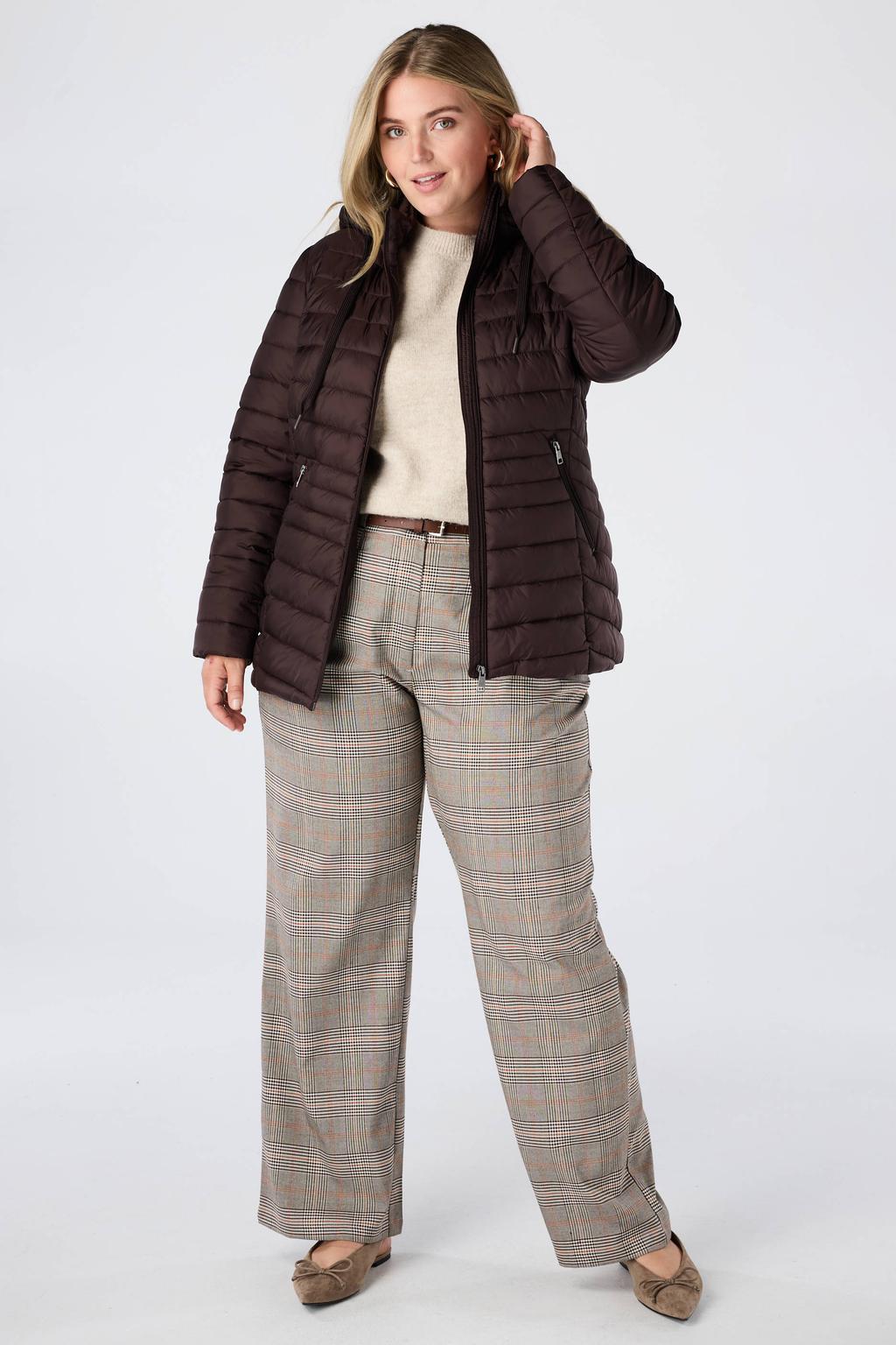 Bruine dames MS Mode gewatteerde tussenjas Plus Size met effen, lange mouwen en capuchon