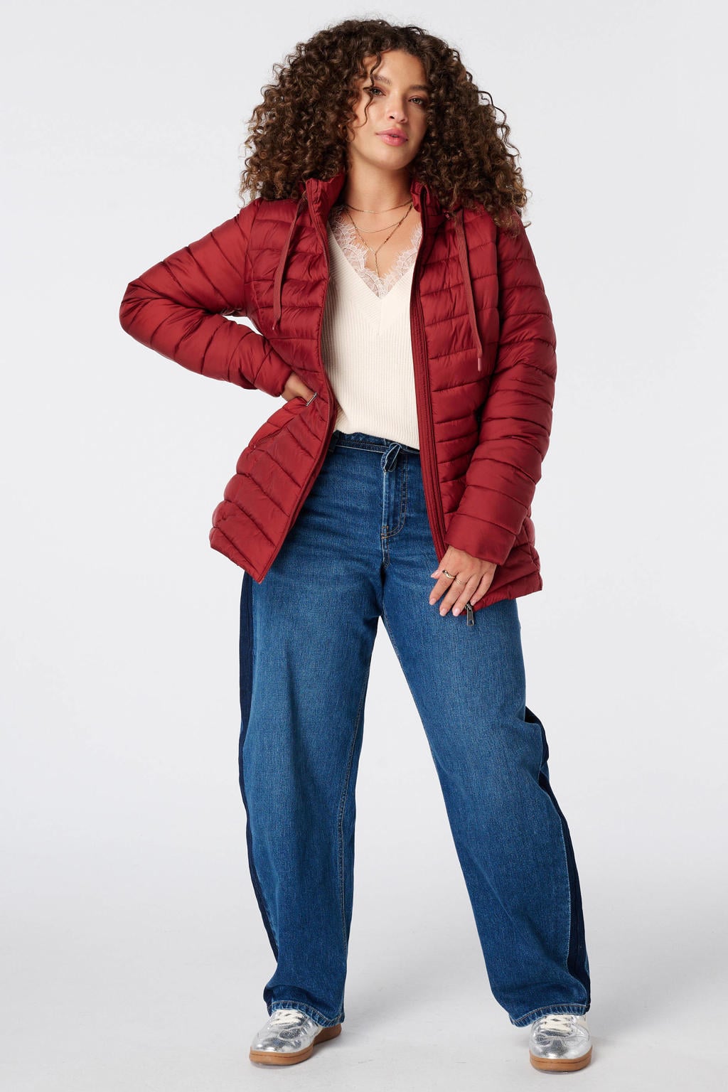 Rode dames MS Mode gewatteerde tussenjas Plus Size met effen, lange mouwen en capuchon
