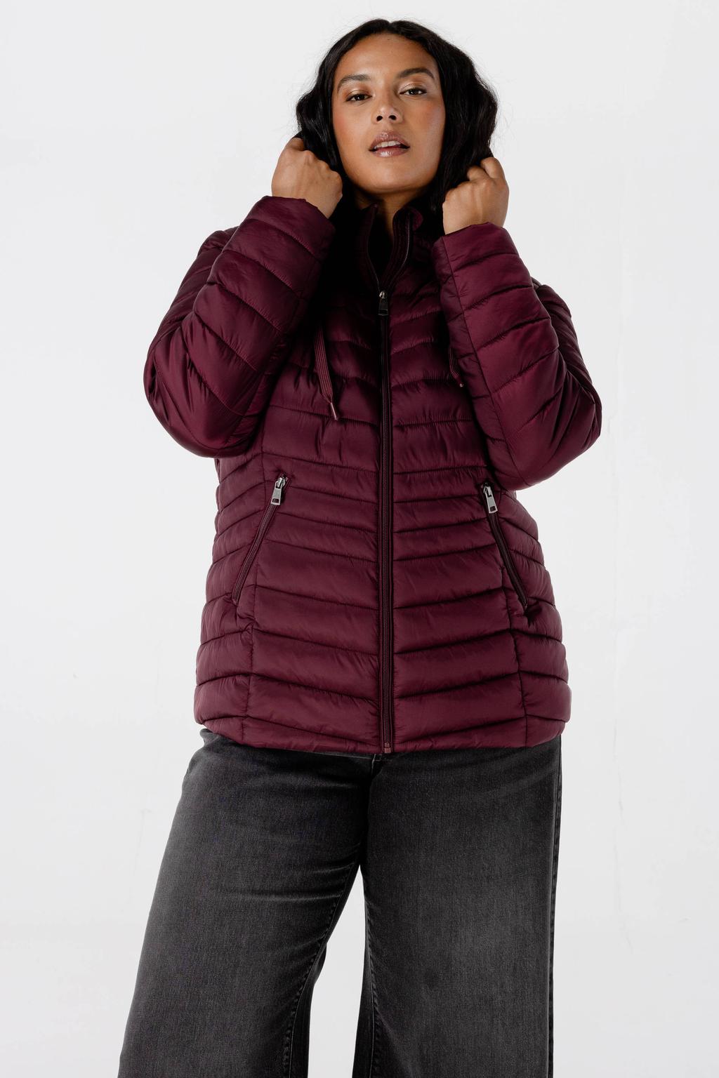 Donkerrode dames MS Mode gewatteerde jas Plus Size met effen, lange mouwen en capuchon