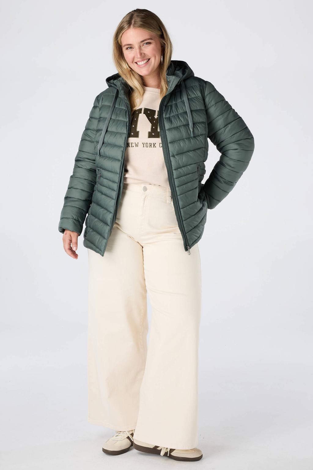 Groene dames MS Mode gewatteerde jas Plus Size met effen, lange mouwen en capuchon