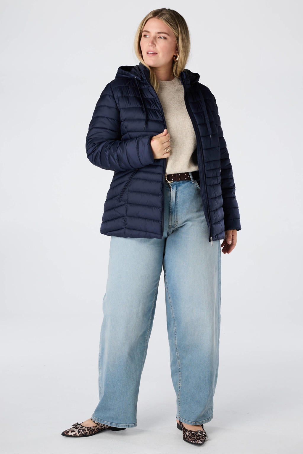 Donkerblauwe dames MS Mode Plus Size gewatteerde jas met effen, lange mouwen en capuchon