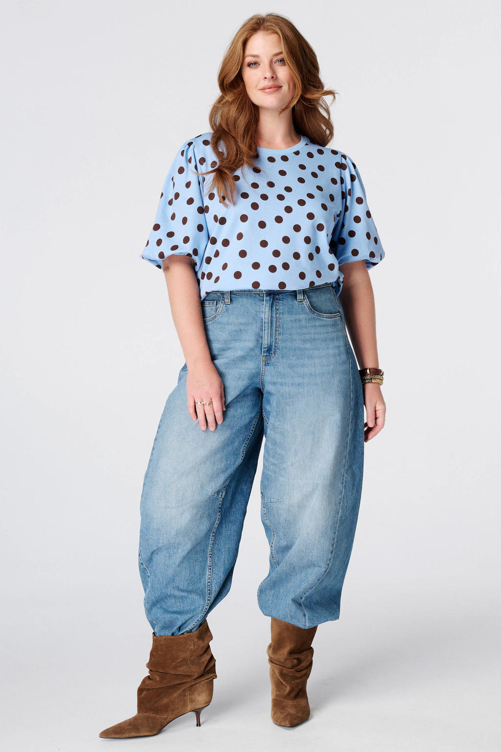 Blauw en bruine dames MS Mode top Plus Size met stippenprint en driekwart mouwen