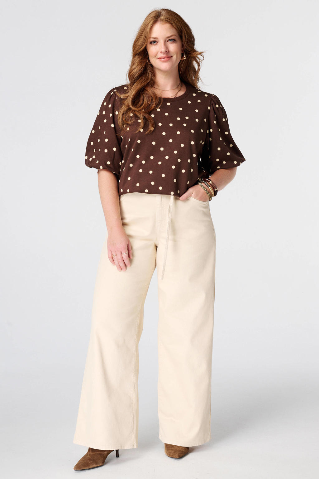 Bruin en witte dames MS Mode top Plus Size met stippenprint en driekwart mouwen