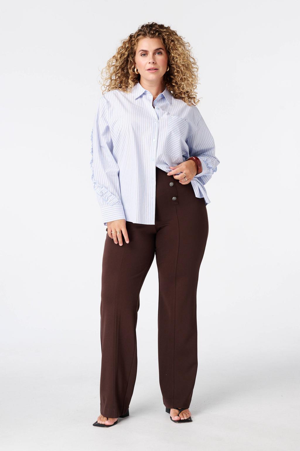 Bruine dames MS Mode straight legging van viscose met elastische tailleband en effen