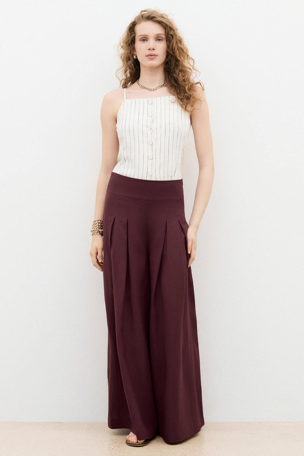 Donkerrode dames Caroll wide leg palazzo broek en linnen met high waist