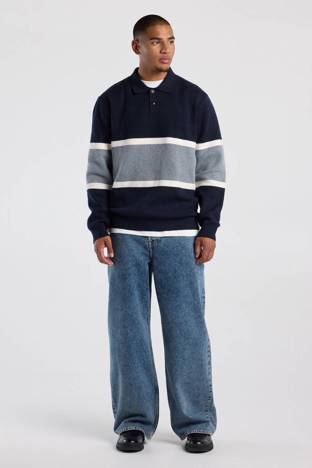 Donkerblauwe heren America Today oversized gestreepte gebreide trui van polyester met meerkleurige print, lange mouwen, polo kraag en knoopsluiting