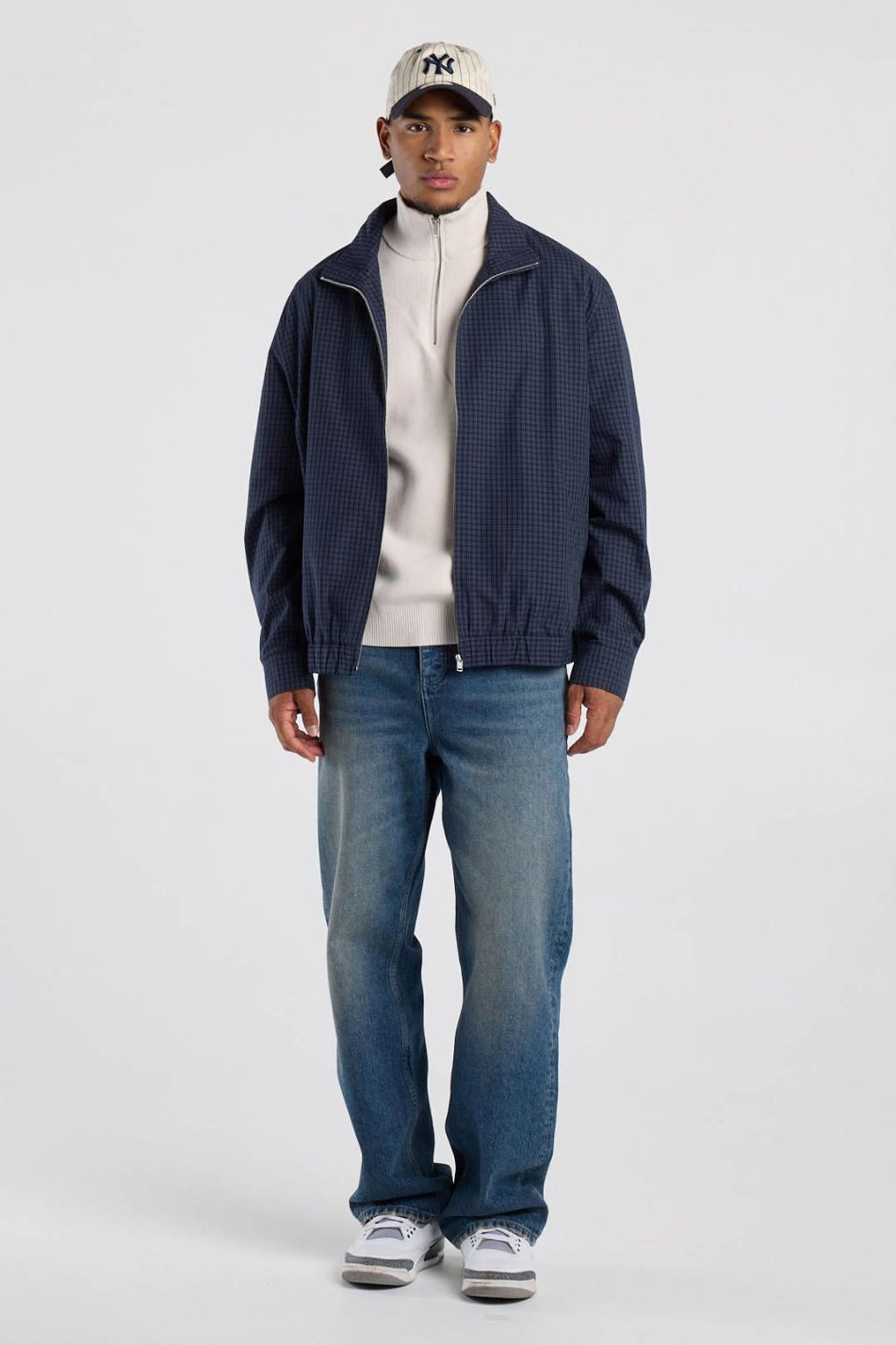 Blauw en grey heren America Today relaxed fit geruit overshirt van katoen met lange mouwen, opstaande kraag en elastische boord