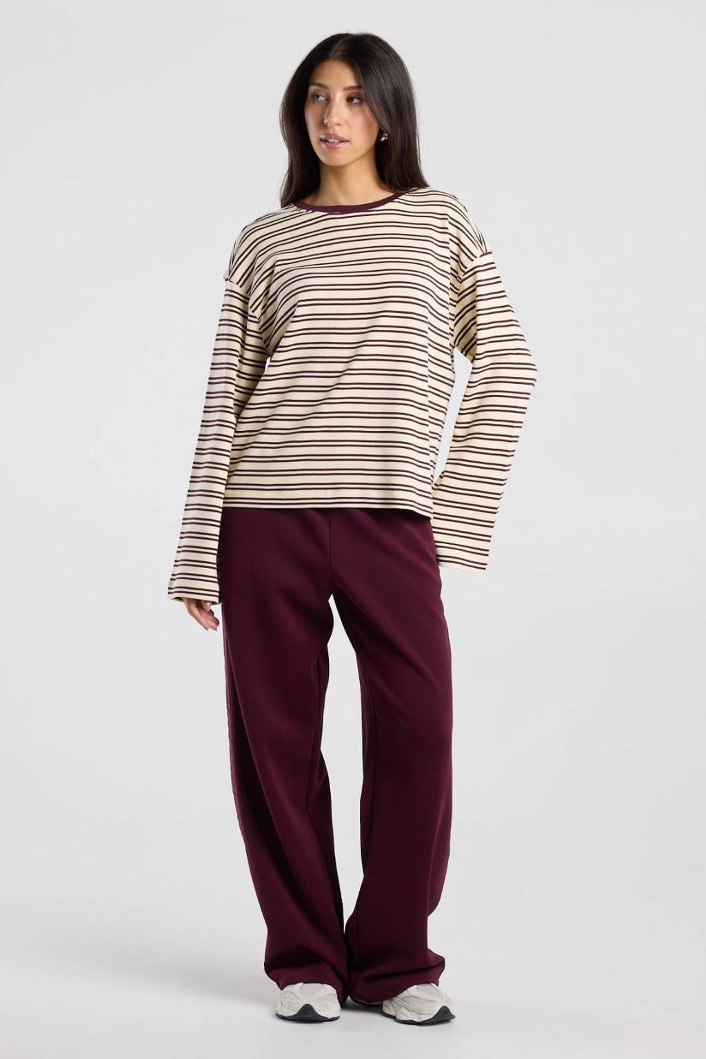 Lichtgele dames America Today gestreepte longsleeve van katoen met lange mouwen en ronde hals