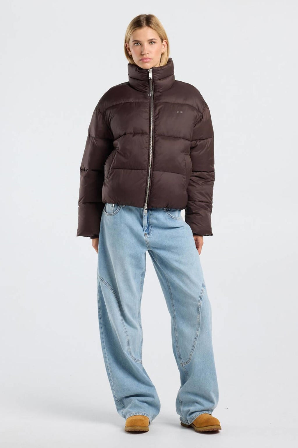 Bruine dames America Today pufferjas van polyamide met effen, lange mouwen, opstaande kraag en 2-way rits