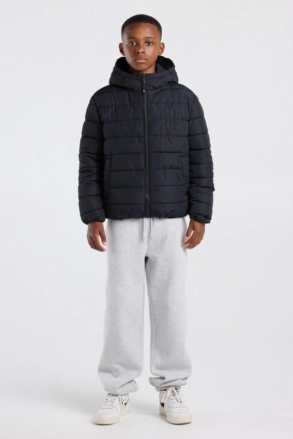 Zwarte jongens America Today gewatteerde winterjas van polyester met effen, lange mouwen en capuchon