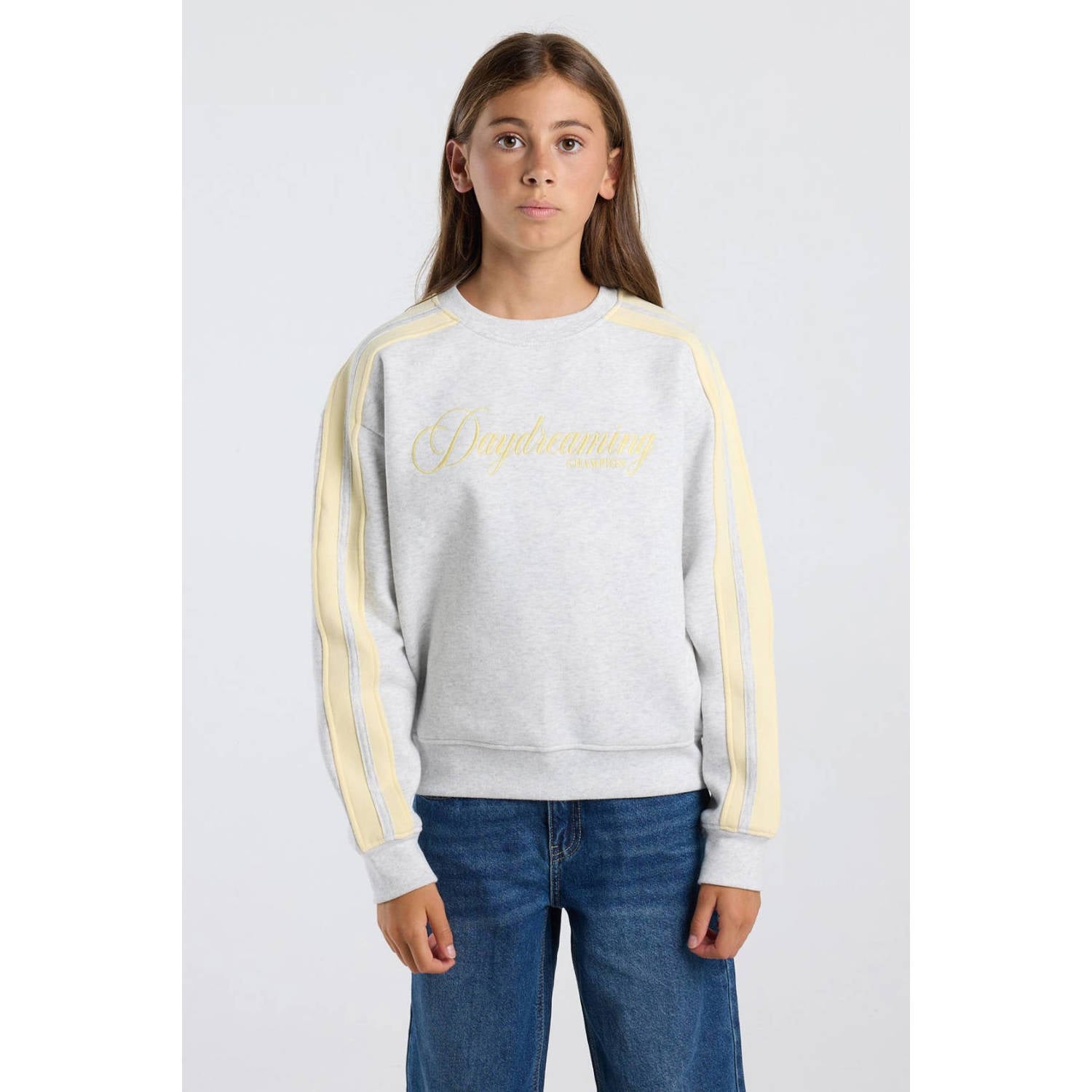 America Today sweater met tekst grijs geel