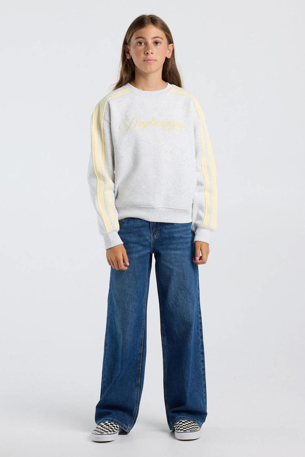 Grijs en gele meisjes America Today sweater met meerkleurige print, lange mouwen, ronde hals en geribde boorden