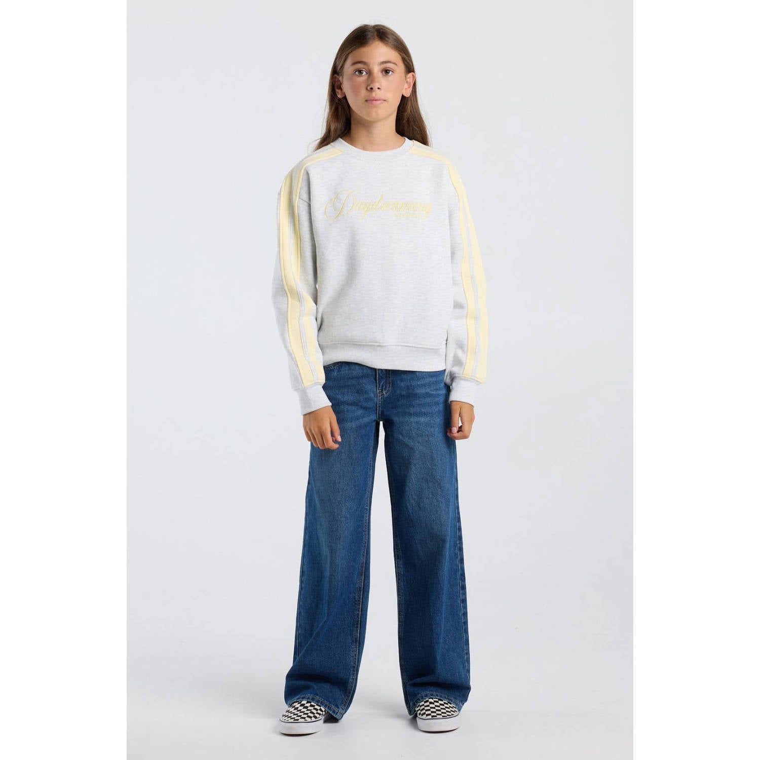 America Today sweater met tekst grijs geel