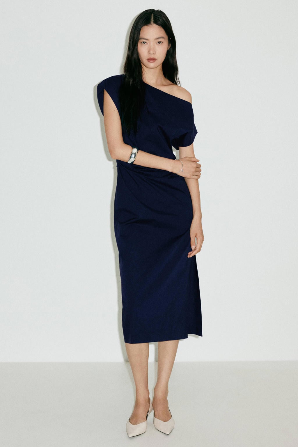 Donkerblauwe dames Mango off shoulder midi jurk van katoen met korte mouwen en ritssluiting