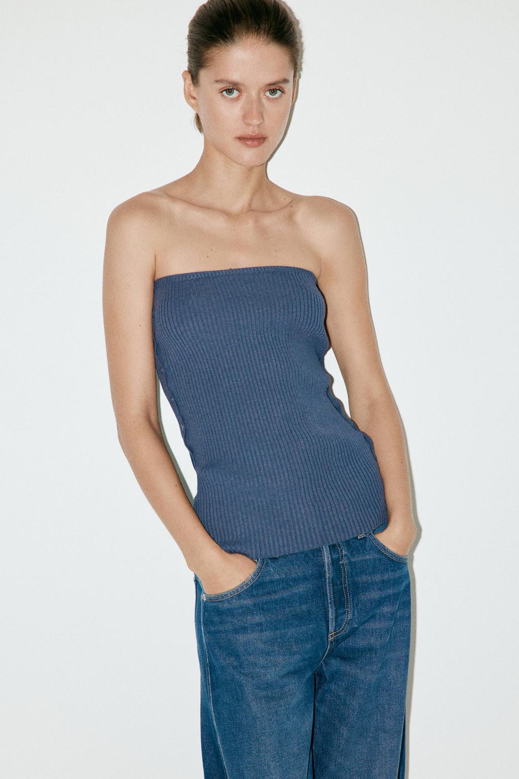 Donkerblauwe dames Mango top van viscose met effen en strapless hals